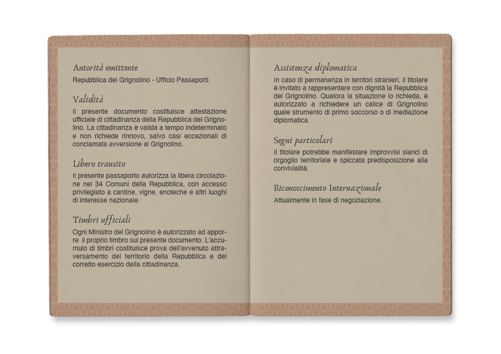 Pagine interne del passaporto, progettate per il percorso tra i produttori
